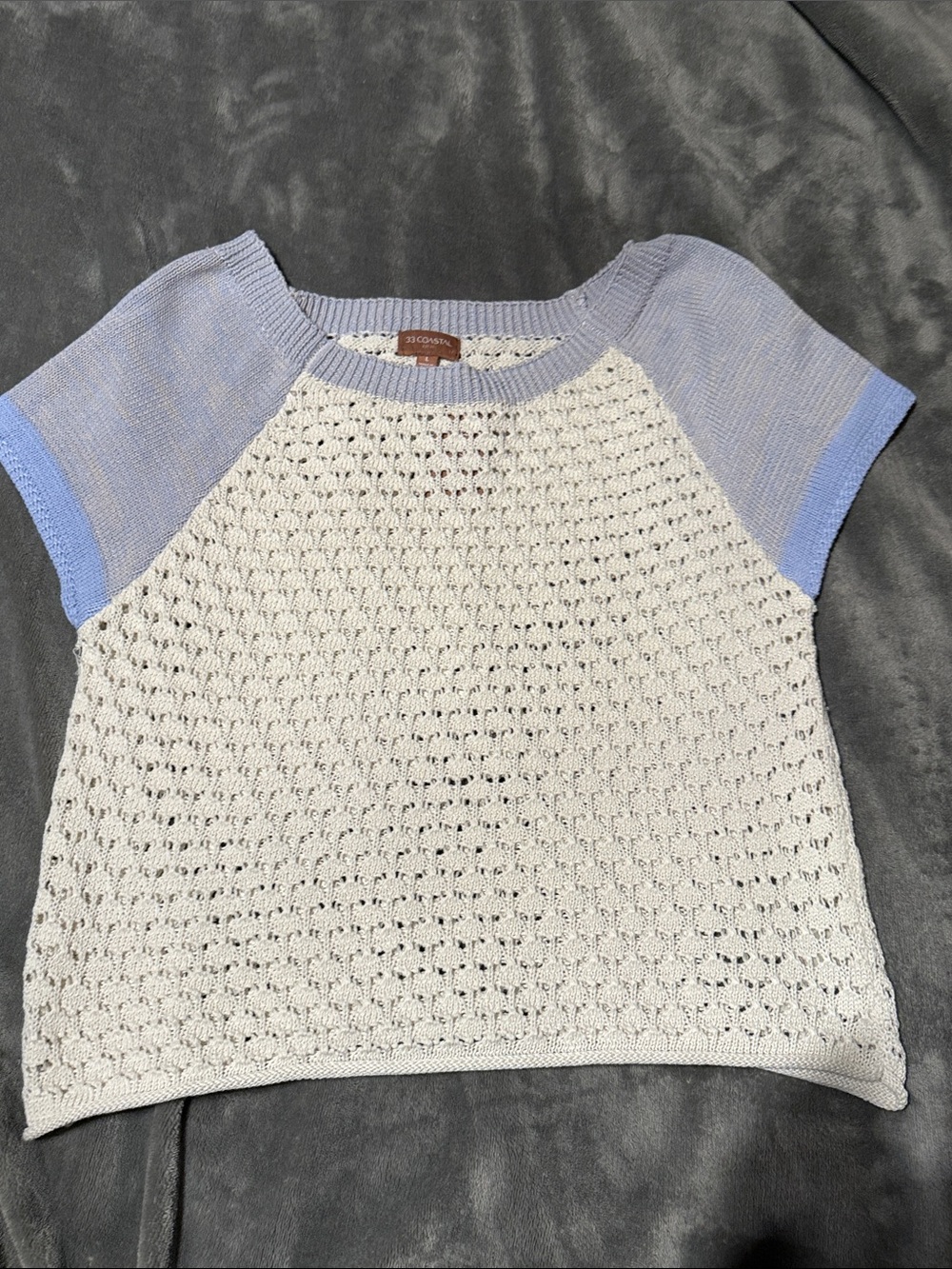 33 Coastal Women’s White Crochet Top with Lavender Raglan Sleeves